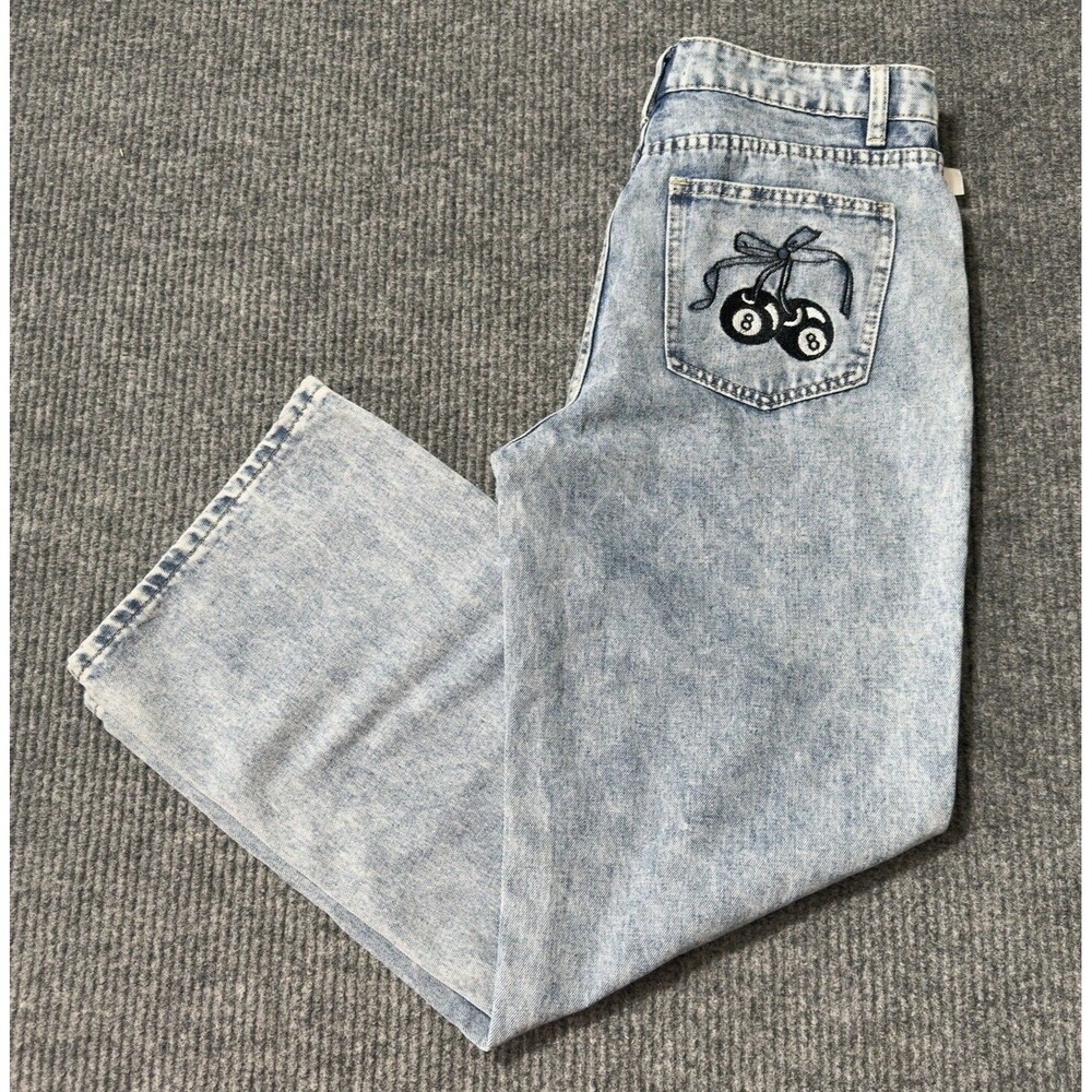 Your Cute Jeans Women Size 15 Juniors Wide Leg Blue Denim Embroidered 8 Ball NEW